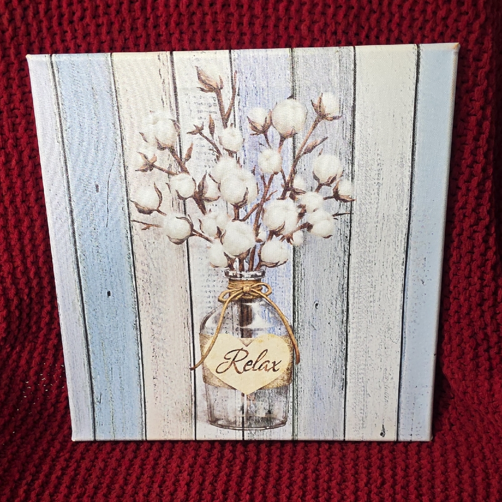Rustic Cotton Flower Relax Canvas Art 12x12 Inches